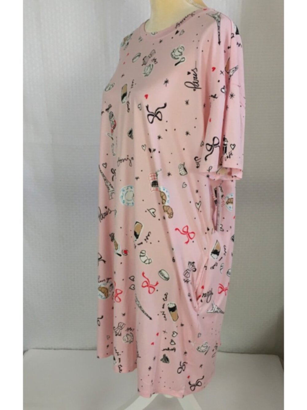 Joyspun Sleep Shirt Size L to XL Pink Paris Coffee Croissants Pockets New w Tag - Picture 4 of 13